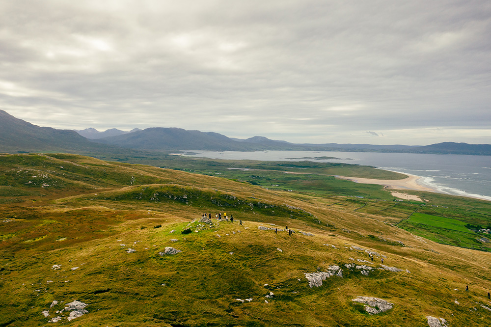 ariel view of hiking group and mountains