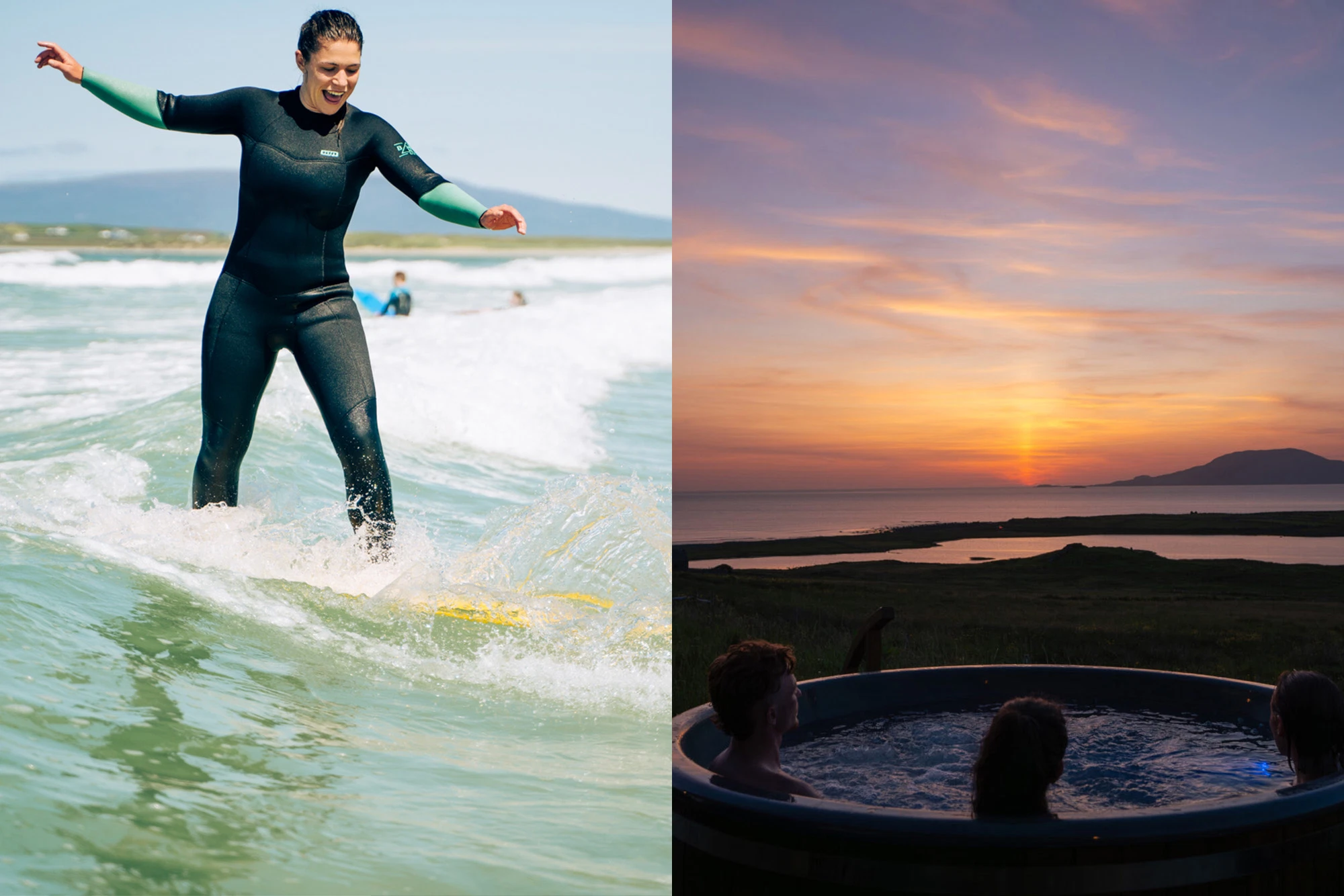 Left: Woman surfing in a wetsuit on Irish waves. Right: Friends in a hot tub enjoy a sunset over tranquil water.