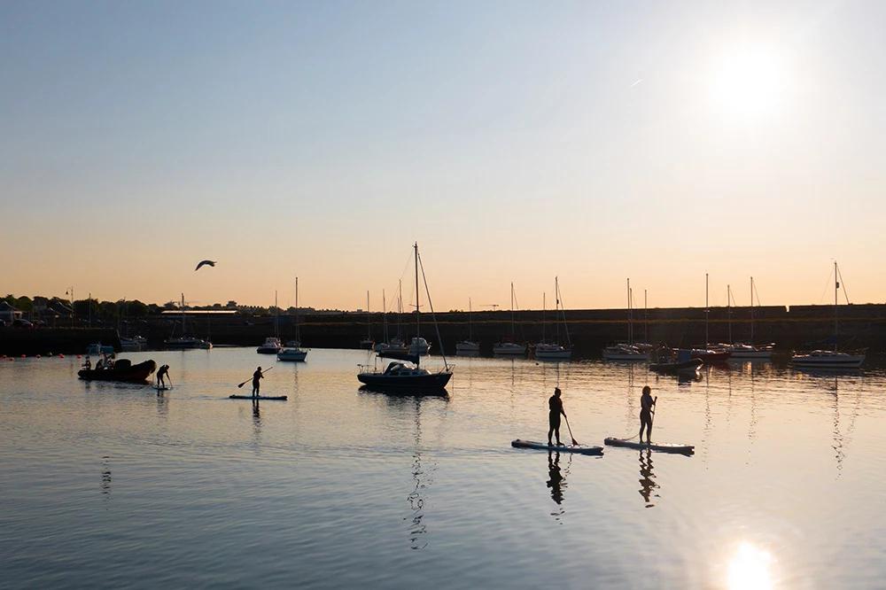Paddleboarders in a sunlit harbour with boats at sunset; calm waters, tranquil scene.