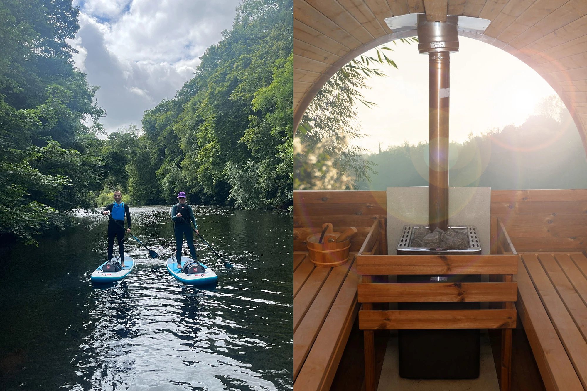 Two people paddleboarding on a river; wooden sauna interior with warm sunlight.